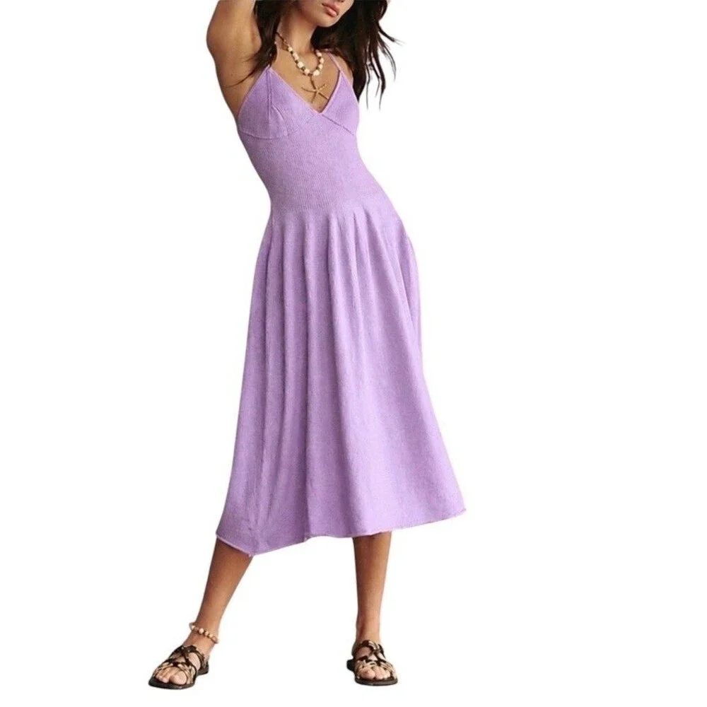 Free People Beach Tula Cotton Linen Blend Sweater Knit Halter Midi Dress Medium.